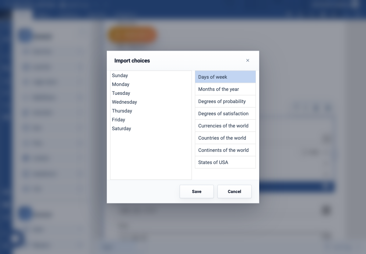 Drop down selected with the v2 Import choices preset picker open.